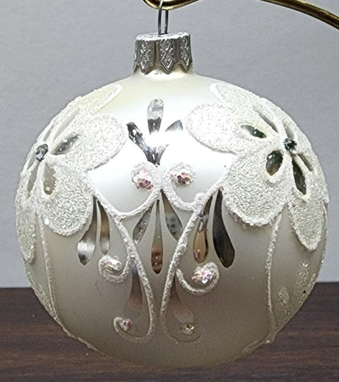 Silver Blown Glass Ornament - Handcrafted - Flower Design