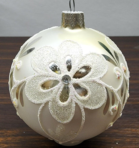 Silver Blown Glass Ornament - Handcrafted - Flower Design