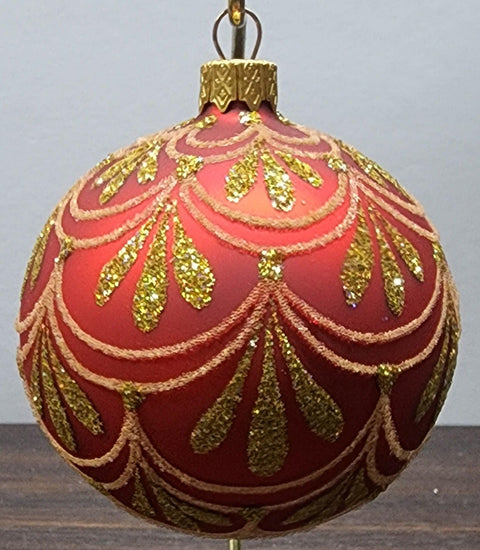 Red Blown Glass Ornament - Handcrafted - Gold Drops Design