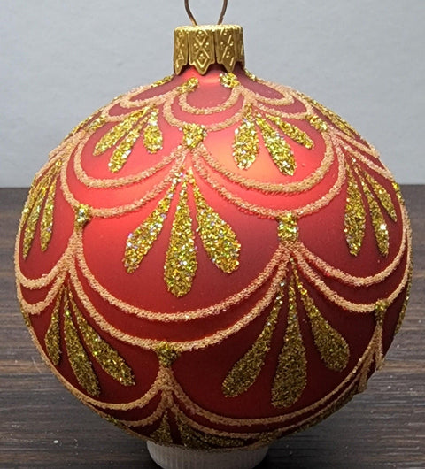 Red Blown Glass Ornament - Handcrafted - Gold Drops Design