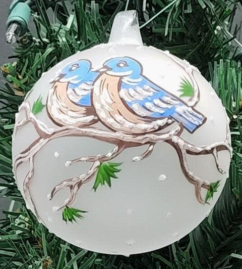 Frosted Blown Glass Ornament - Handcrafted -  Birds On Branch Design