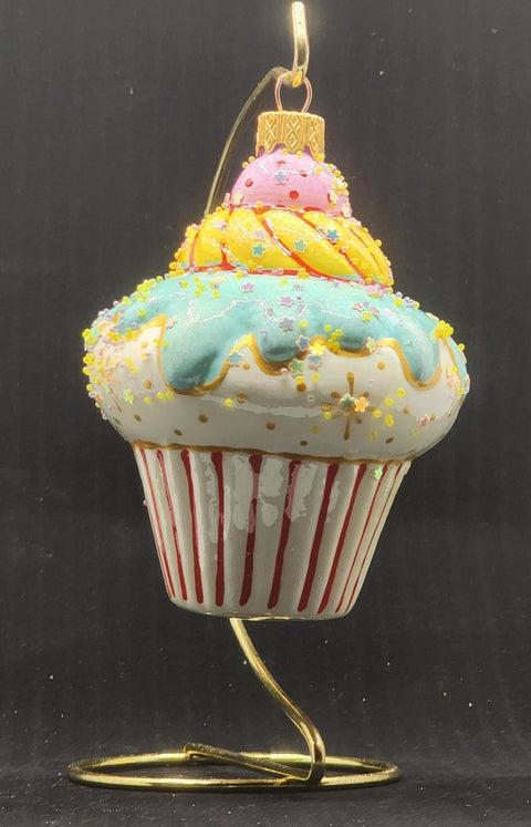 Hand Decorated Glass Keepsake Ornament - Charming Cupcake  Design