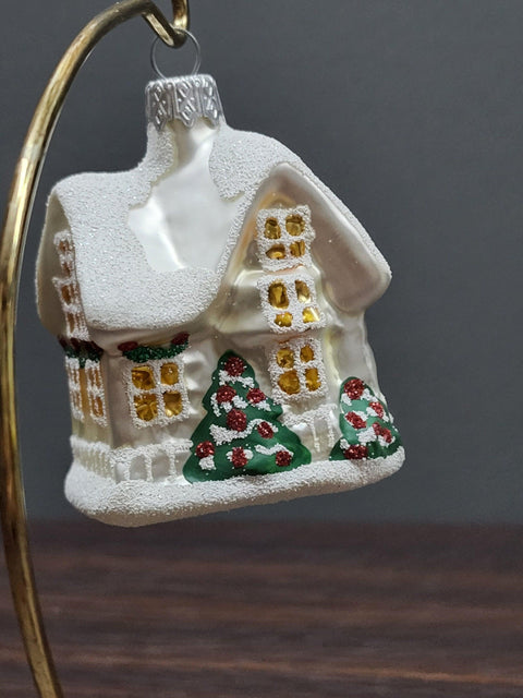 Hand Decorated Glass Keepsake Ornament - Charming Silver House Design