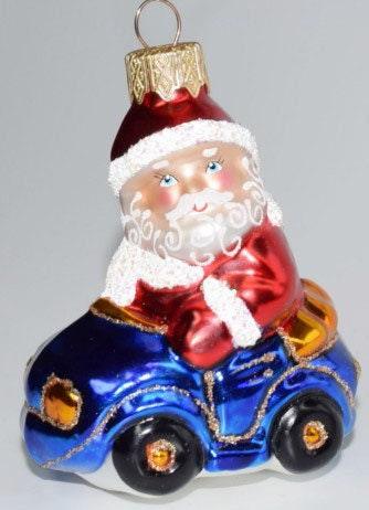 Hand Decorated Glass Keepsake Ornament - Charming Santa In A Car Design