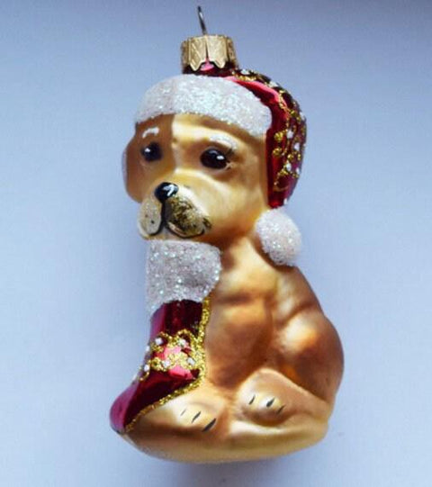 Hand Decorated Glass Keepsake Ornament - Charming Dog w Stocking Design