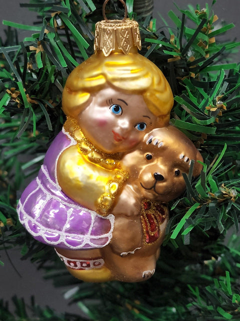 Hand Decorated Glass Keepsake Ornament - Charming Girl w/ Teddy Bear Design