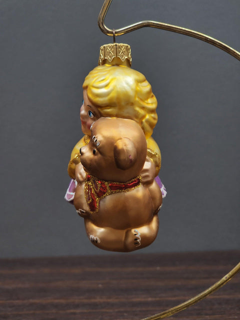 Hand Decorated Glass Keepsake Ornament - Charming Girl w/ Teddy Bear Design