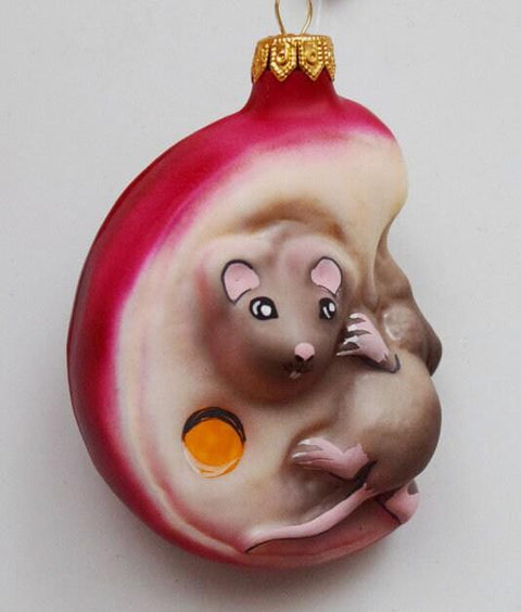 Hand Decorated Glass Keepsake Ornament - Charming Mice In Cheese Design