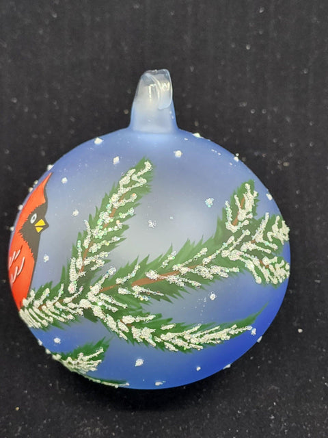 Light Blue Blown Glass Ornament - Handcrafted - Red Cardinal Design