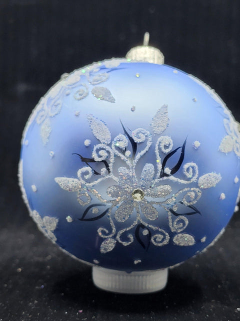 Light Blue Blown Glass Ornament - Handcrafted - Fancy Snowflake Design