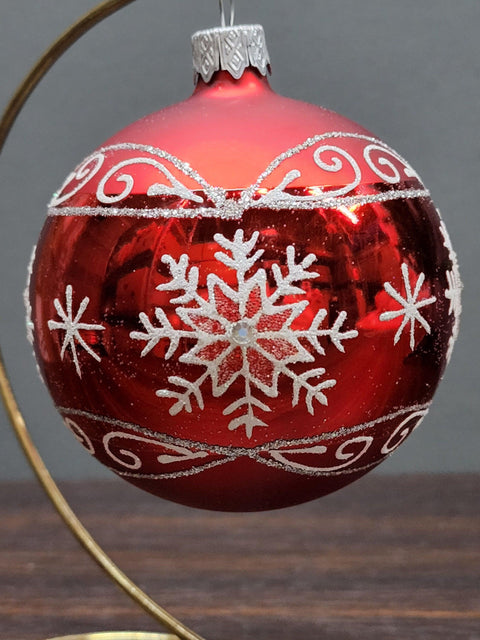 Red/White Blown Glass Ornament - Handcrafted - Large Snowflake Design