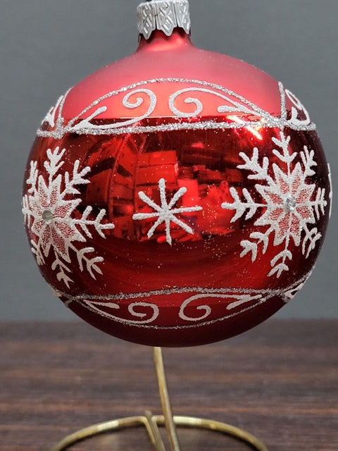 Red/White Blown Glass Ornament - Handcrafted - Large Snowflake Design