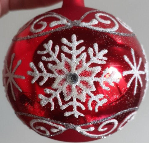 Red/White Blown Glass Ornament - Handcrafted - Large Snowflake Design