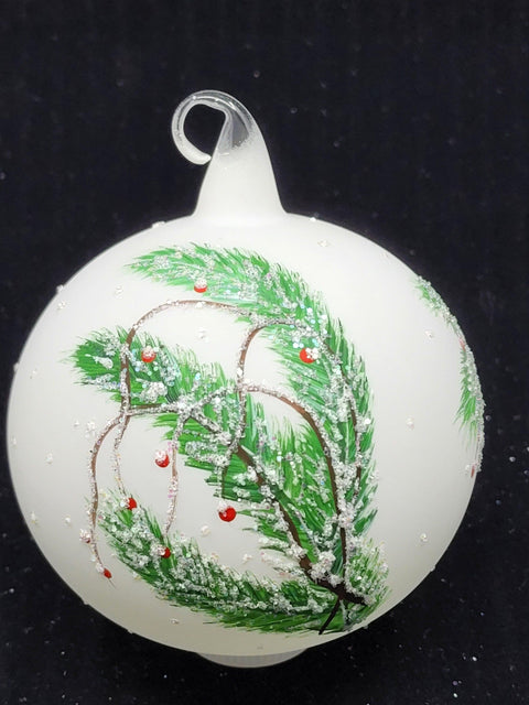 White Blown Glass Ornament - Handcrafted -  Charming Finches Design