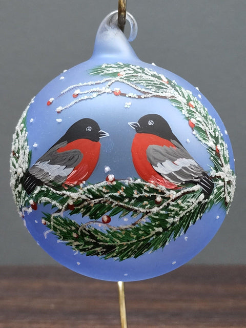 Light Blue Blown Glass Ornament - Handcrafted - Keepsake - Finches Design