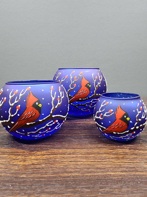 Blue Glass Multiple Sizes Candle Holder  -  Red Cardinal- Multiple Sizes