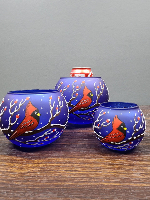 Blue Glass Multiple Sizes Candle Holder  -  Red Cardinal- Multiple Sizes