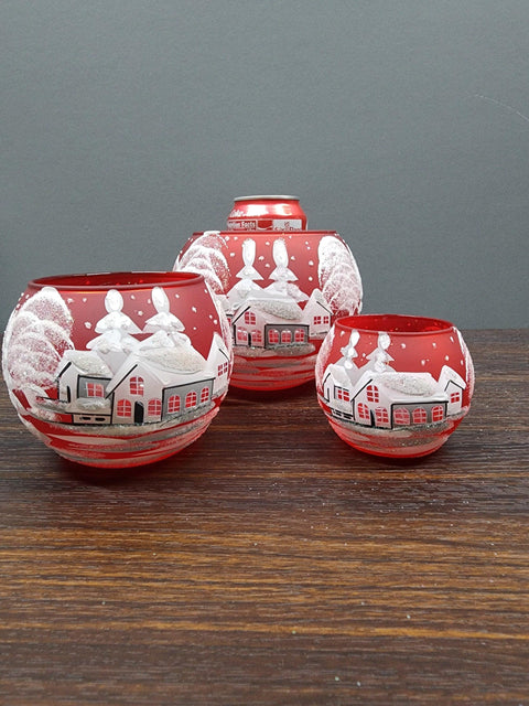 Red Glass Candle Holder - White Cabins - Multiple Sizes