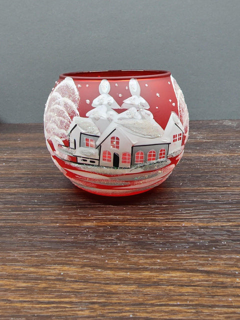 Red Glass Candle Holder - White Cabins - Multiple Sizes