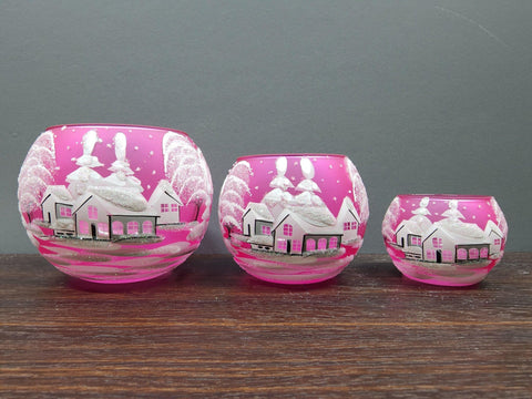 Pink Glass Candle Holder - White Cabins- Multiple Sizes