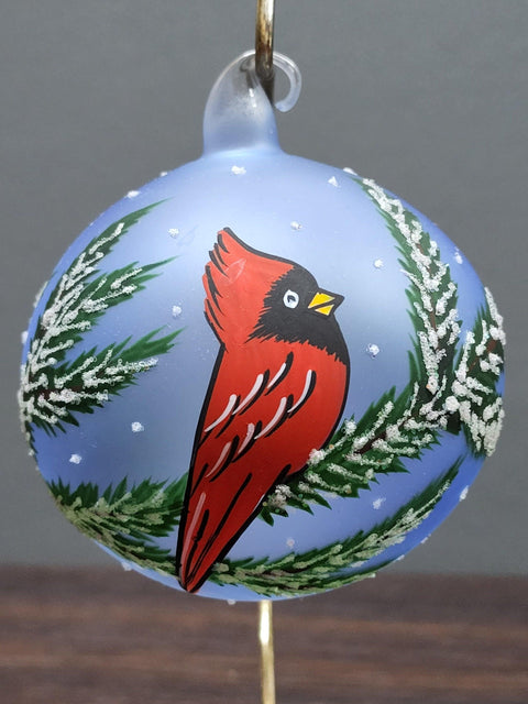 Light Blue Blown Glass Ornament - Handcrafted - Red Cardinal Design