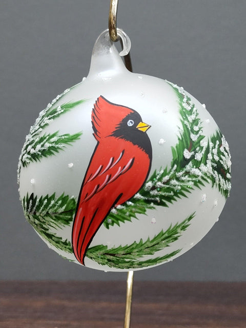 Frosted Blown Glass Ornament - Handcrafted - Red Cardinal Design