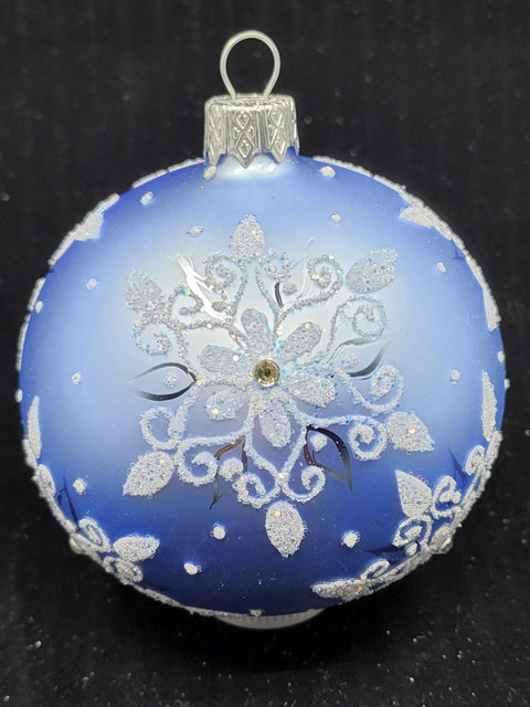 Light Blue Blown Glass Ornament - Handcrafted - Fancy Snowflake Design