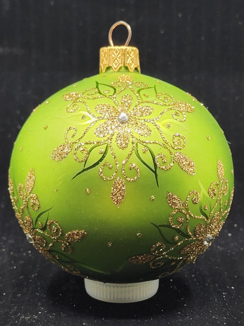 Green Blown Glass Ornament - Handcrafted - Fancy Snowflake Design