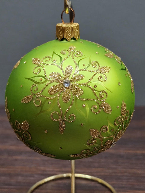 Green Blown Glass Ornament - Handcrafted - Fancy Snowflake Design