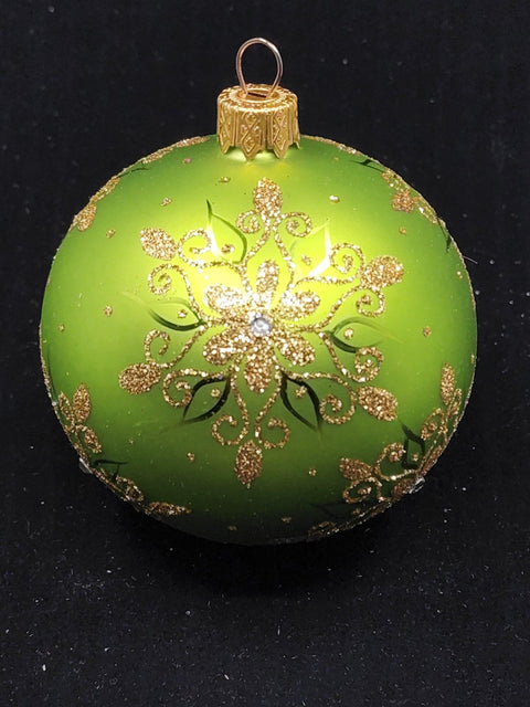 Green Blown Glass Ornament - Handcrafted - Fancy Snowflake Design