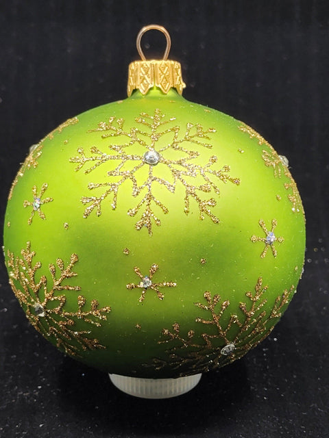 Green Blown Glass Ornament - Handcrafted - Large Snowflake Design