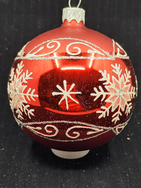 Red/White Blown Glass Ornament - Handcrafted - Large Snowflake Design