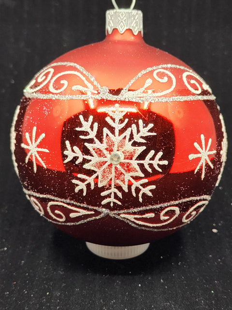 Red/White Blown Glass Ornament - Handcrafted - Large Snowflake Design