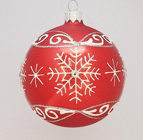 Red/White Blown Glass Ornament - Handcrafted - Large Snowflake Design