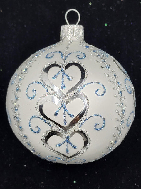 Silver & Blue Blown Glass Ornament - Handcrafted - Hearts Galore Design