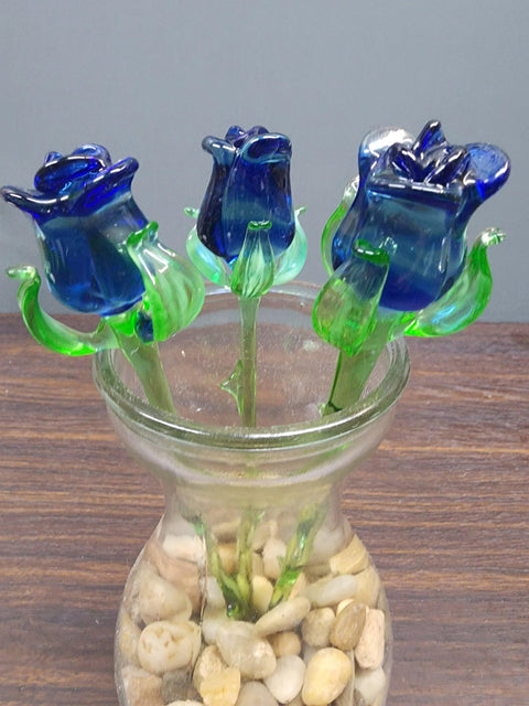 Blue Glass Rose - Handcrafted Short Stem Flower