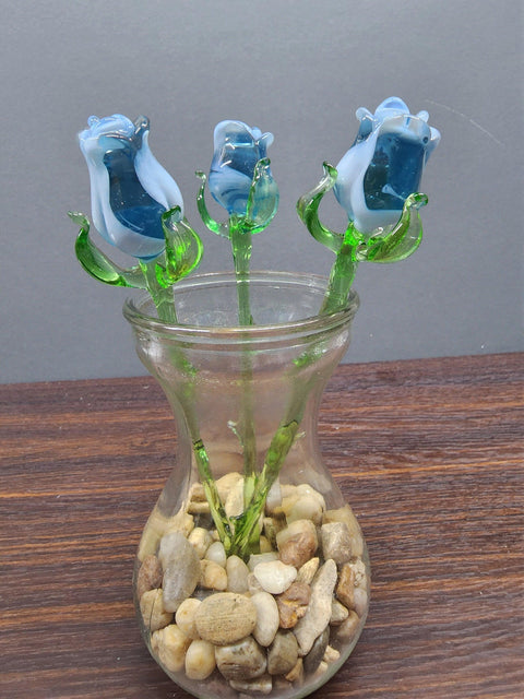 Light Blue Glass Rose - Handcrafted Short Stem Flower