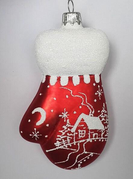 Hand Decorated Glass Keepsake Ornament - Charming Large Red Mitten Design