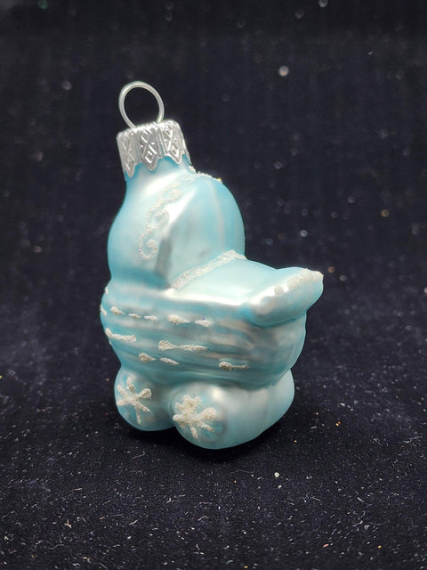 Hand Decorated Glass Keepsake Ornament - Blue Baby Carriage Design