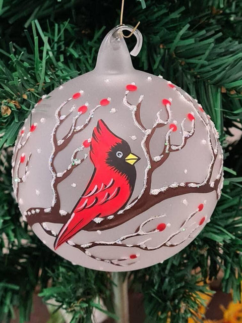 Frosted Blown Glass Ornament - Handcrafted - Red Cardinal Design