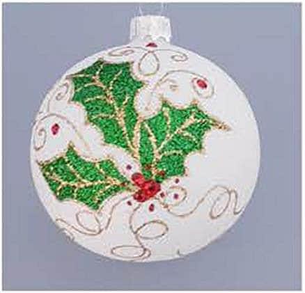 White Blown Glass Ornament - Handcrafted - Large Holly Design