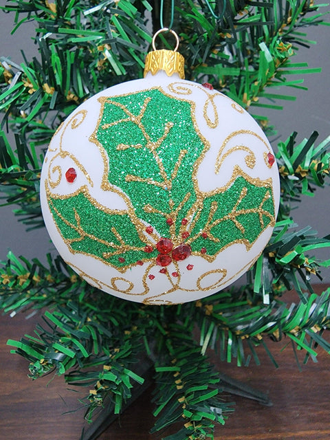 White Blown Glass Ornament - Handcrafted - Large Holly Design