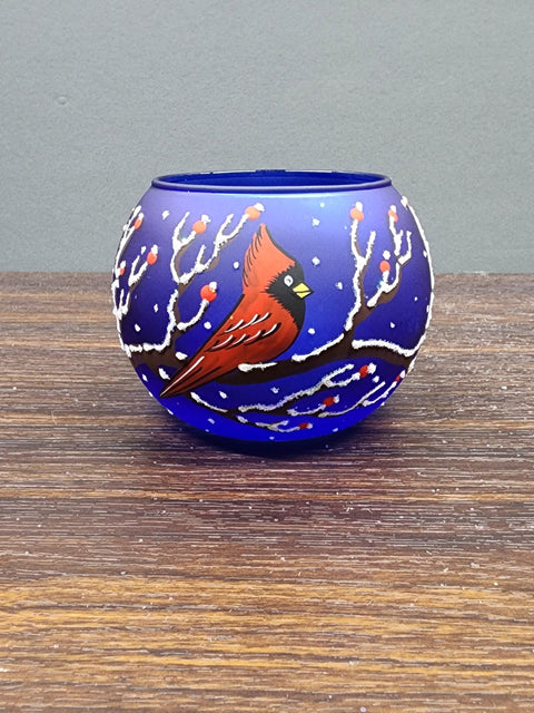 Blue Glass Multiple Sizes Candle Holder  -  Red Cardinal- Multiple Sizes