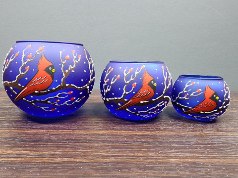 Blue Glass Multiple Sizes Candle Holder  -  Red Cardinal- Multiple Sizes