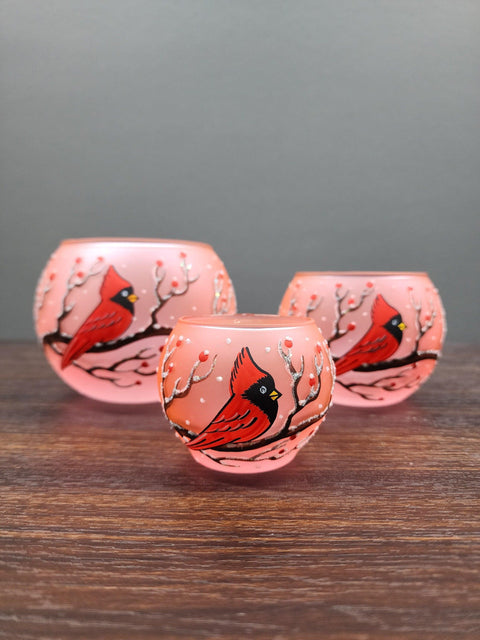 Salmon Pink Glass Candle Holder  -  Red Cardinal - Multiple Sizes