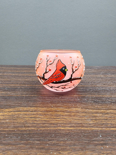 Salmon Pink Glass Candle Holder  -  Red Cardinal - Multiple Sizes