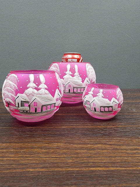 Pink Glass Candle Holder - White Cabins- Multiple Sizes