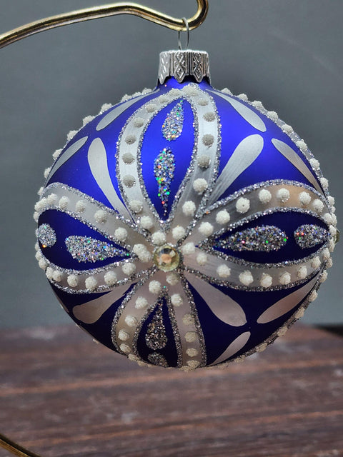 Blue Blown Glass Ornament - Handcrafted - Blue & Silver Ornament Design