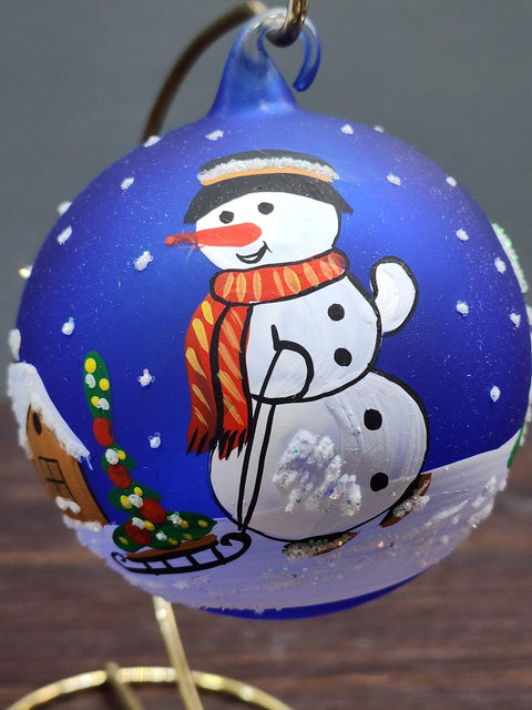 Blue Blown Glass Ornament - Handcrafted -  Snowman w Sleigh Design