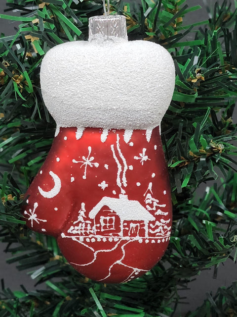 Hand Decorated Glass Keepsake Ornament - Charming Large Red Mitten Design